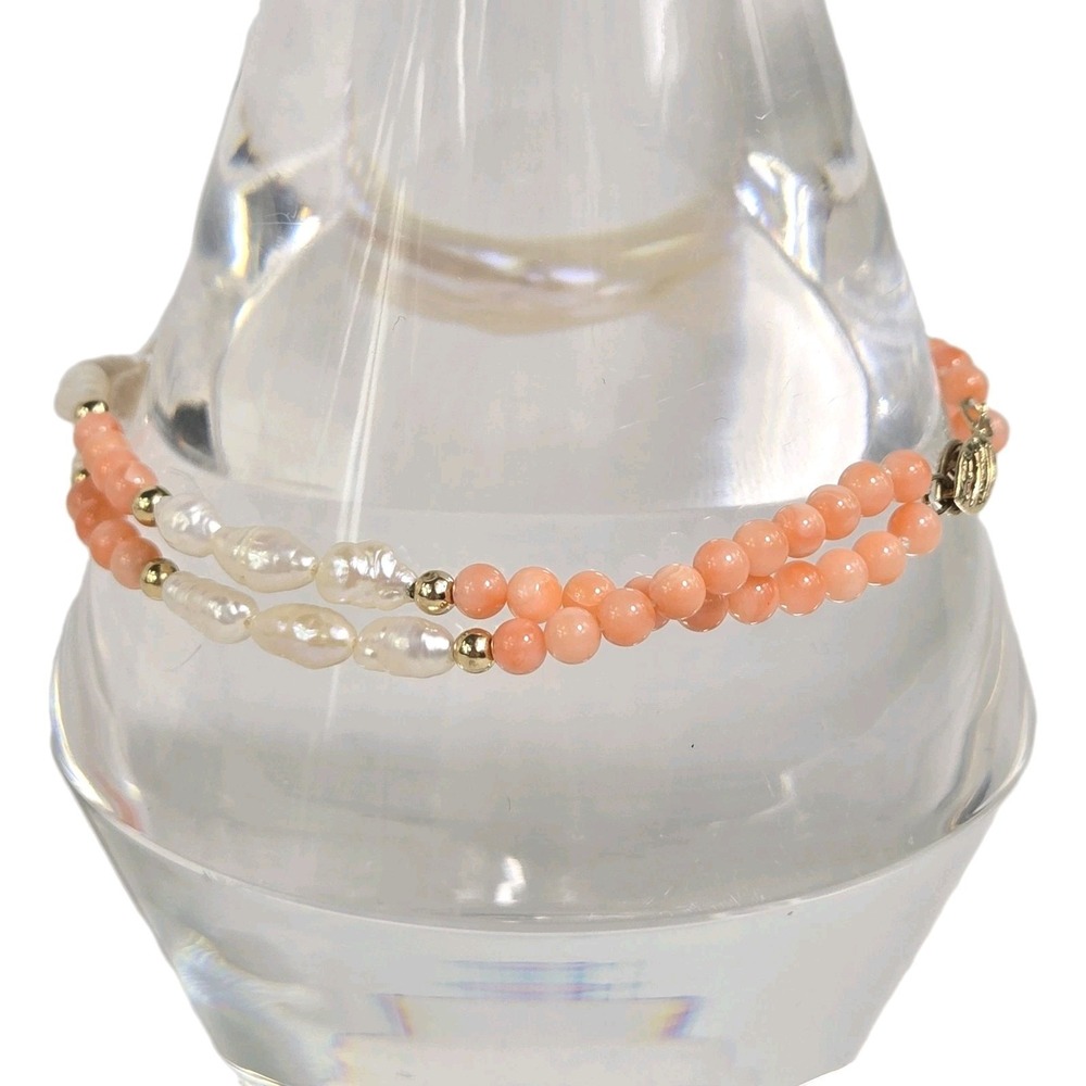 14k Solid Gold Baroque Fresh Water Pearl‎ & Angel Skin Coral Beads Bracelet 8" - Picture 5 of 11